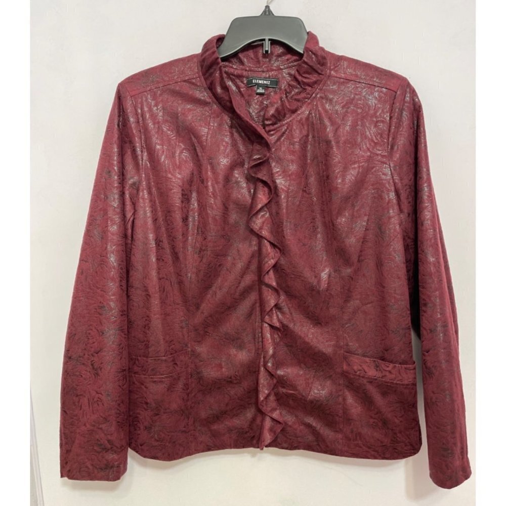ELEMENTZ Maroon Suede-Feel Embossed Jacket Women's XL Full Zip Ruffle Metallic - Picture 4 of 15